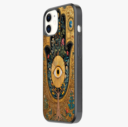 Ethereal Evil Eye Glass Case photographed in natural light showing reflective finish and design depth.