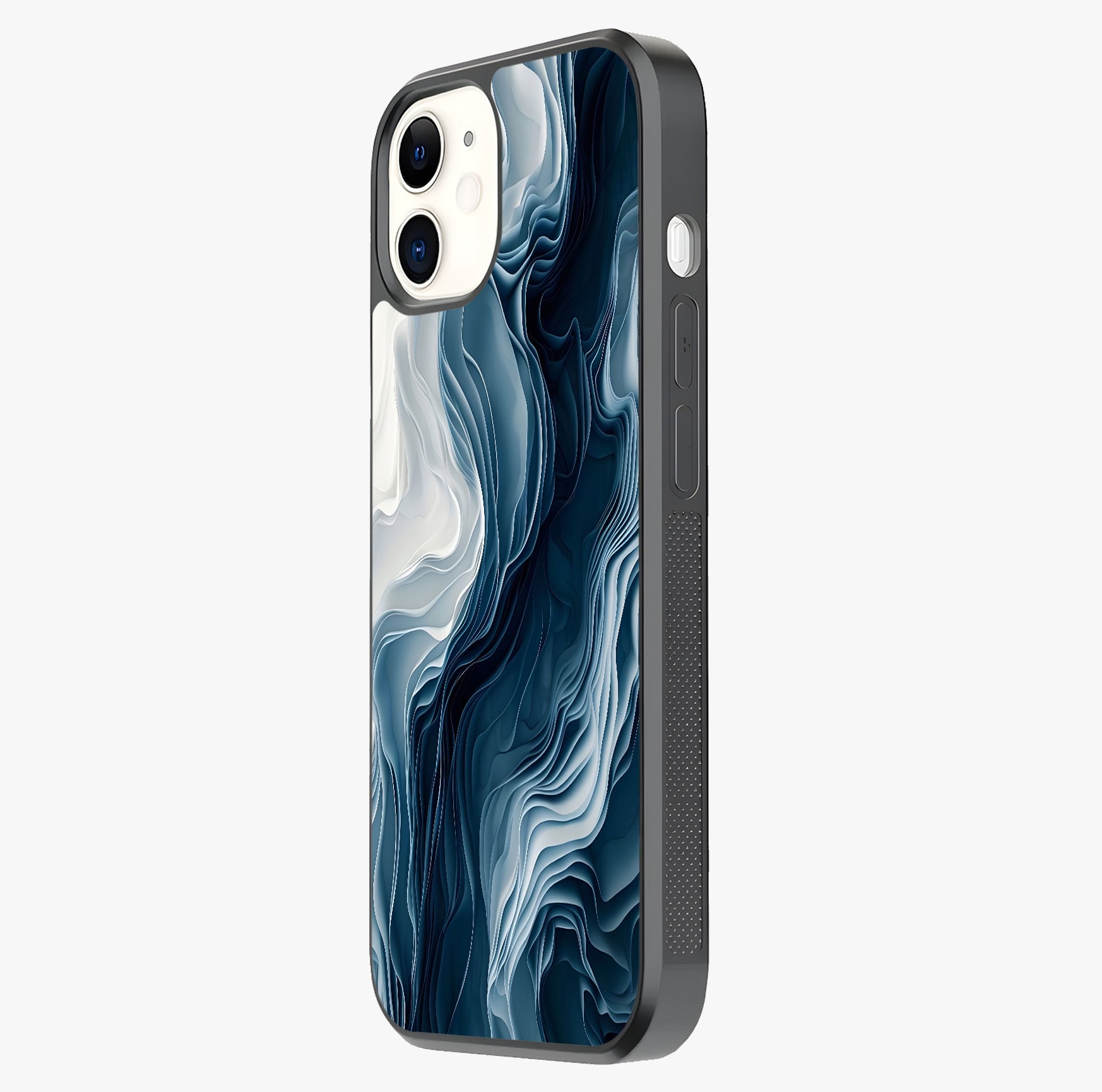 Ethereal Paper Marble Glass Case photographed in natural light showing reflective finish and design depth.