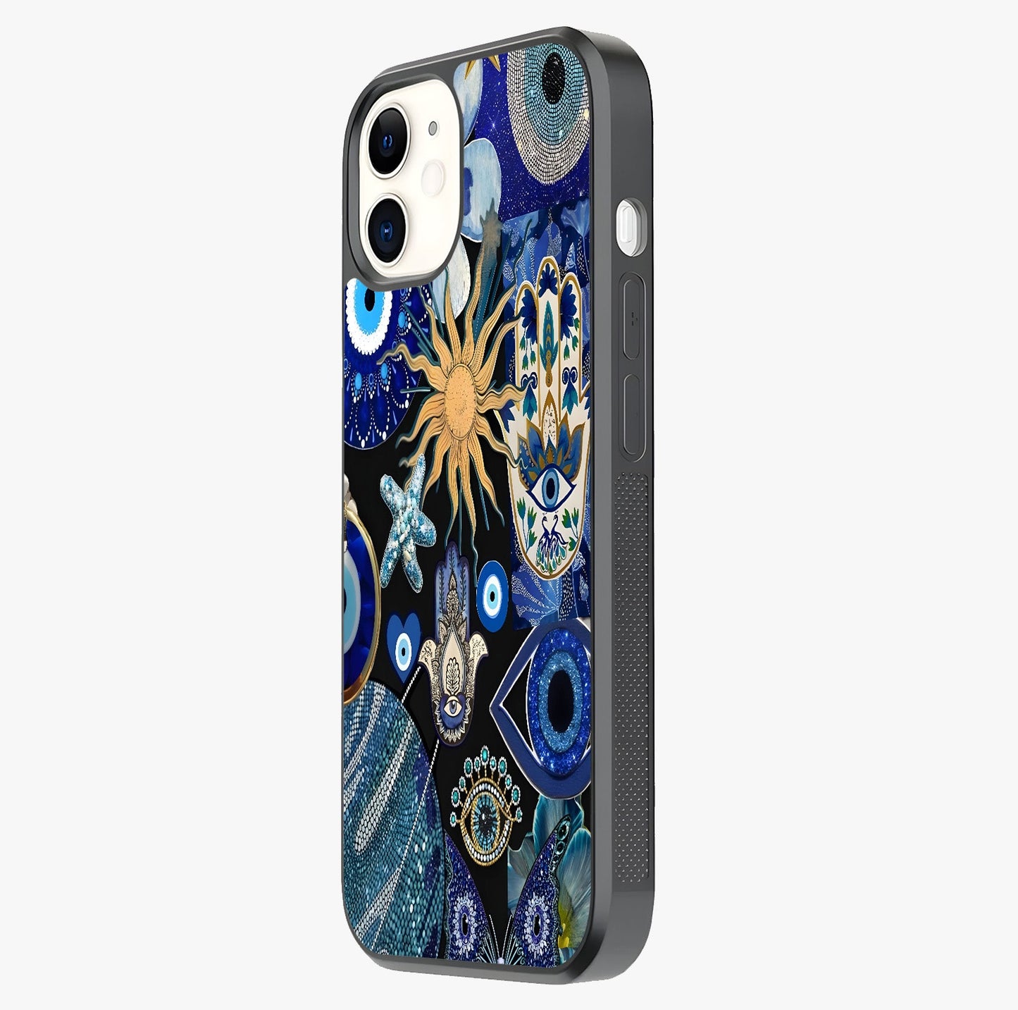 Evil Eye Charm Mix Glass Case photographed in natural light showing reflective finish and design depth.