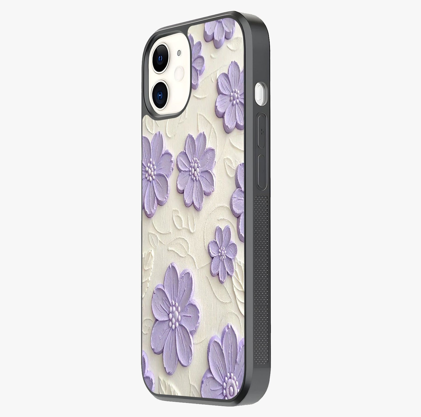 Floral Wall Art With Purple Flowers Glass Case photographed in natural light showing reflective finish and design depth.