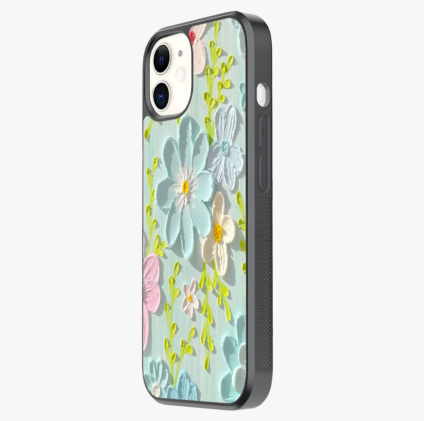 Frosted Petal Garden Glass Case photographed in natural light showing reflective finish and design depth.