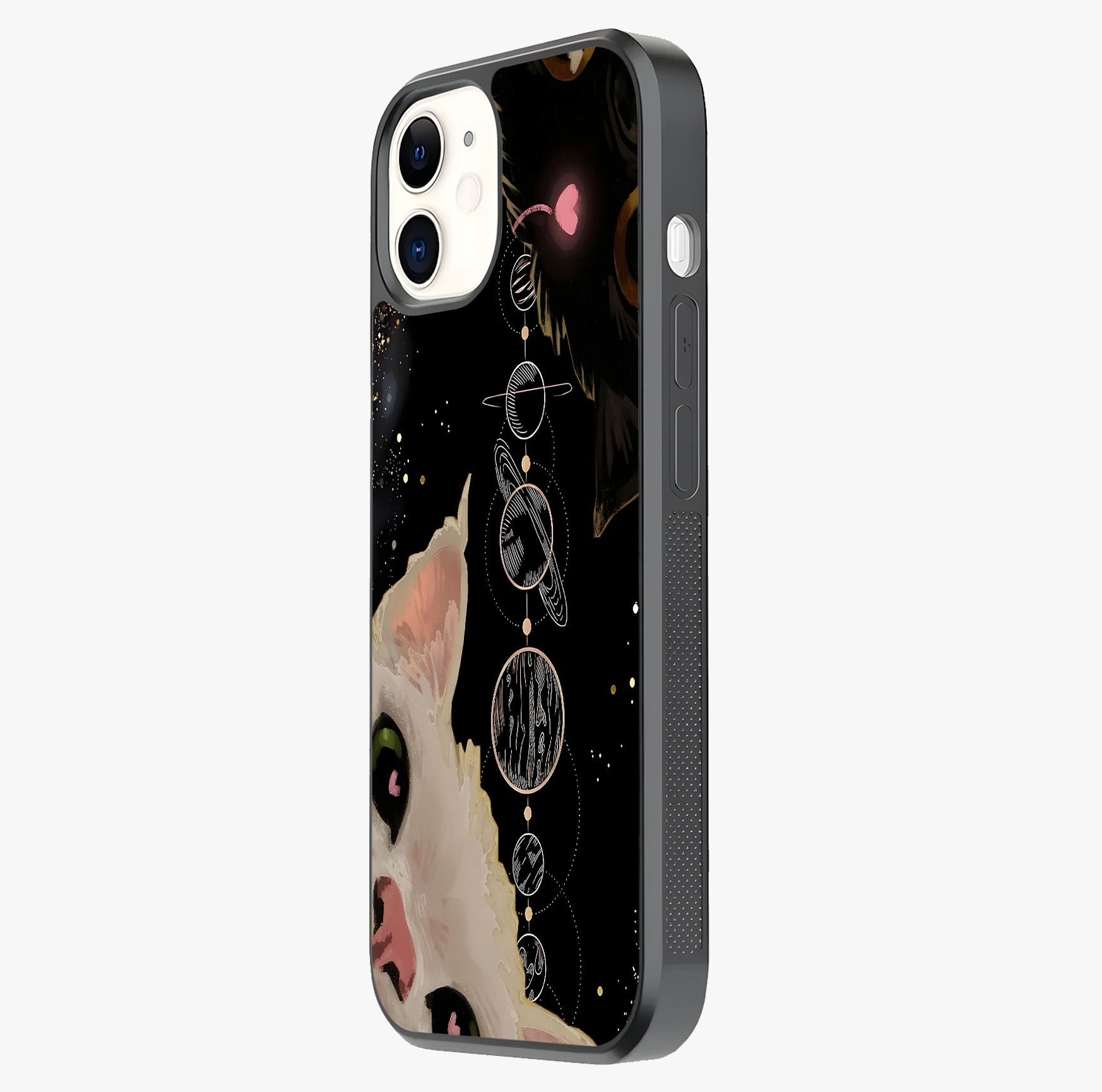 Galactic Cat Glass Case photographed in natural light showing reflective finish and design depth.