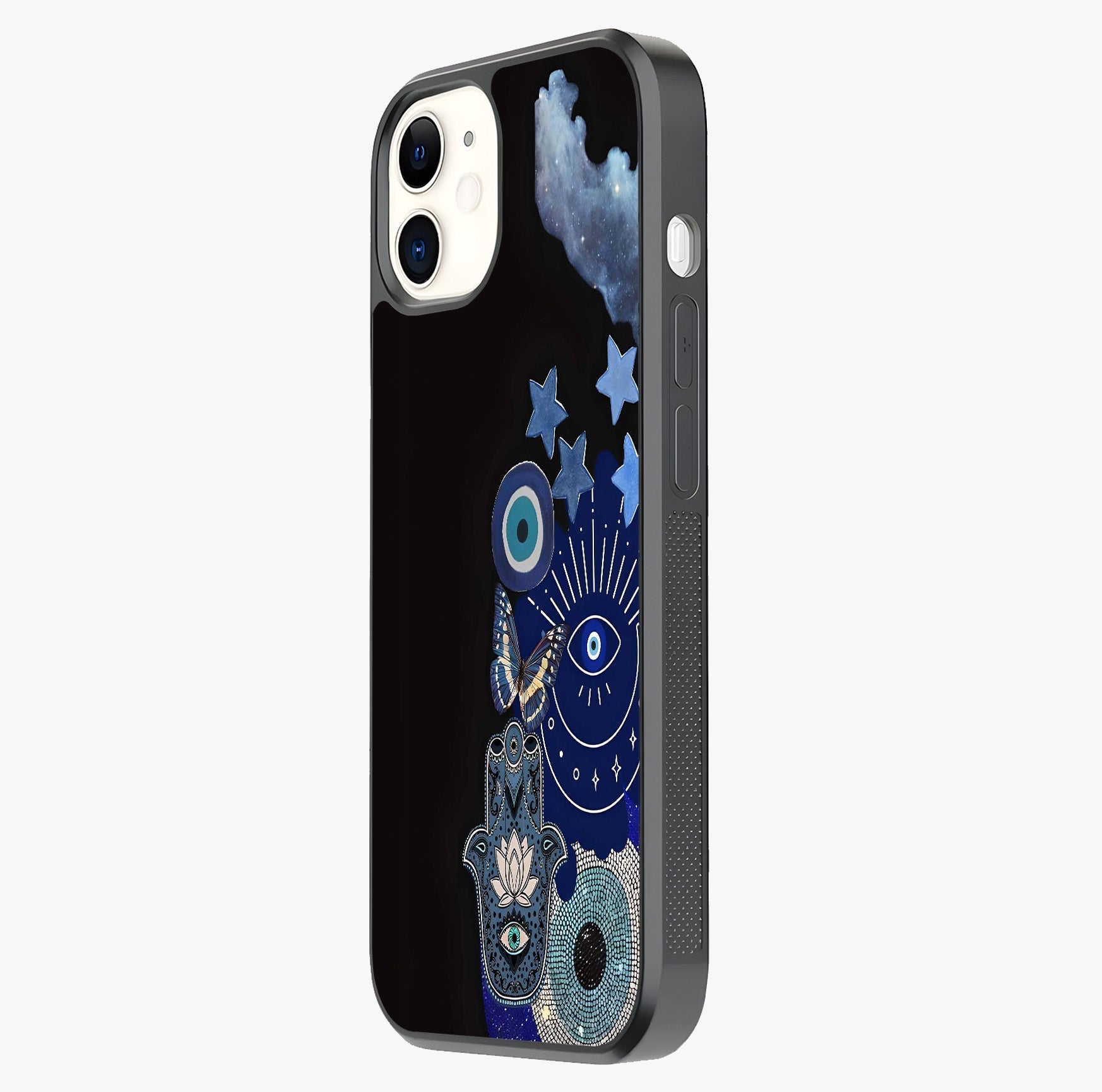 Galactic Charm Cluster Glass Case photographed in natural light showing reflective finish and design depth.