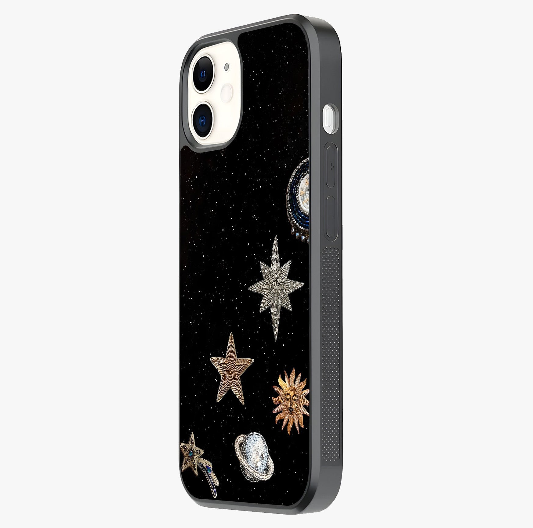 Galactic Charm Glow Glass Case photographed in natural light showing reflective finish and design depth.