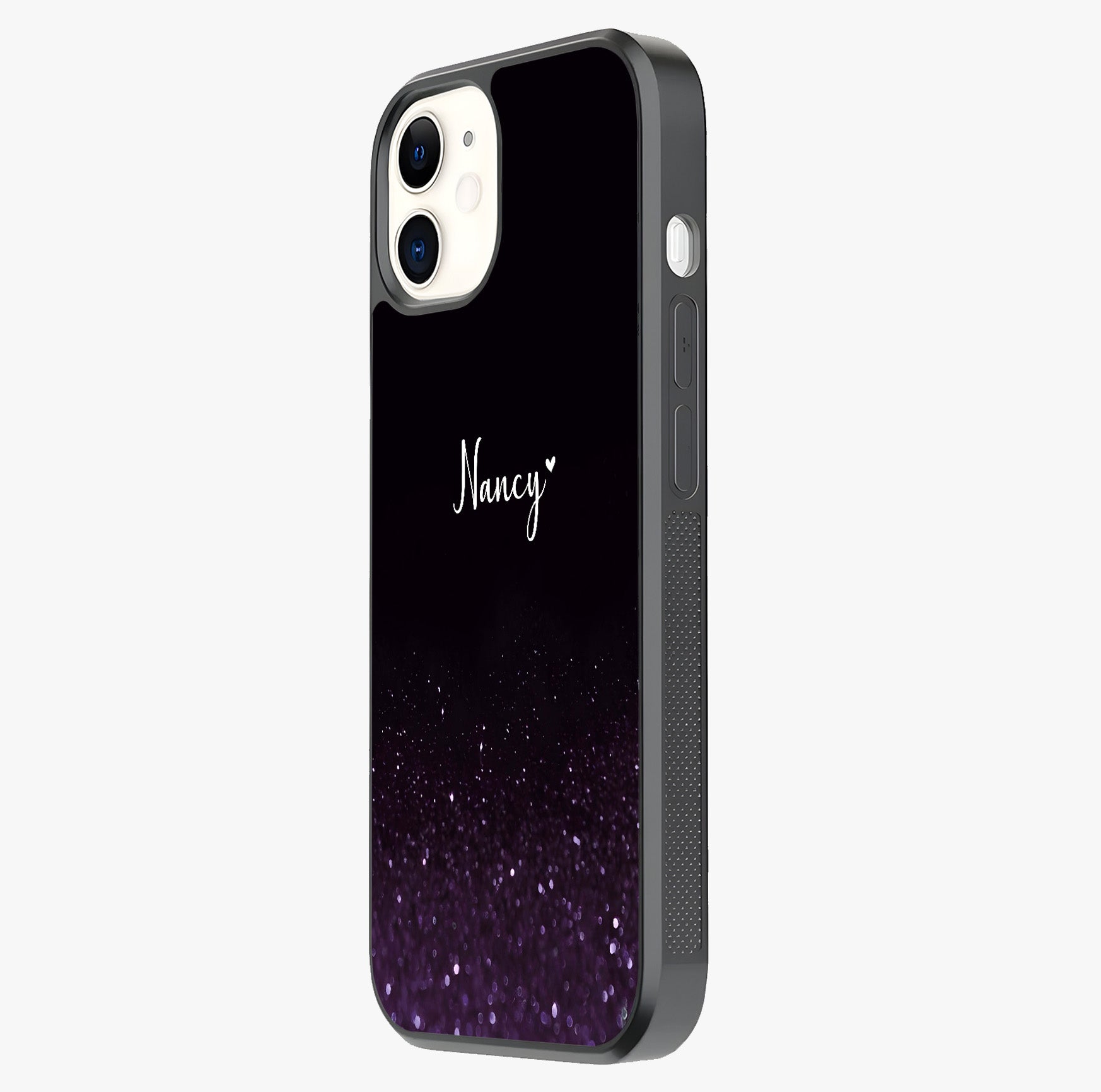 Glittery Purple Bokeh Custom Name Glass Case photographed in natural light showing reflective finish and design depth.