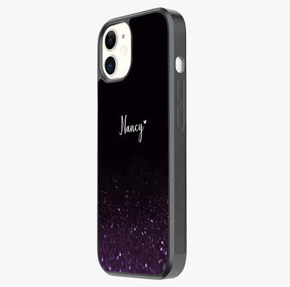 Glittery Purple Bokeh Custom Name Glass Case photographed in natural light showing reflective finish and design depth.