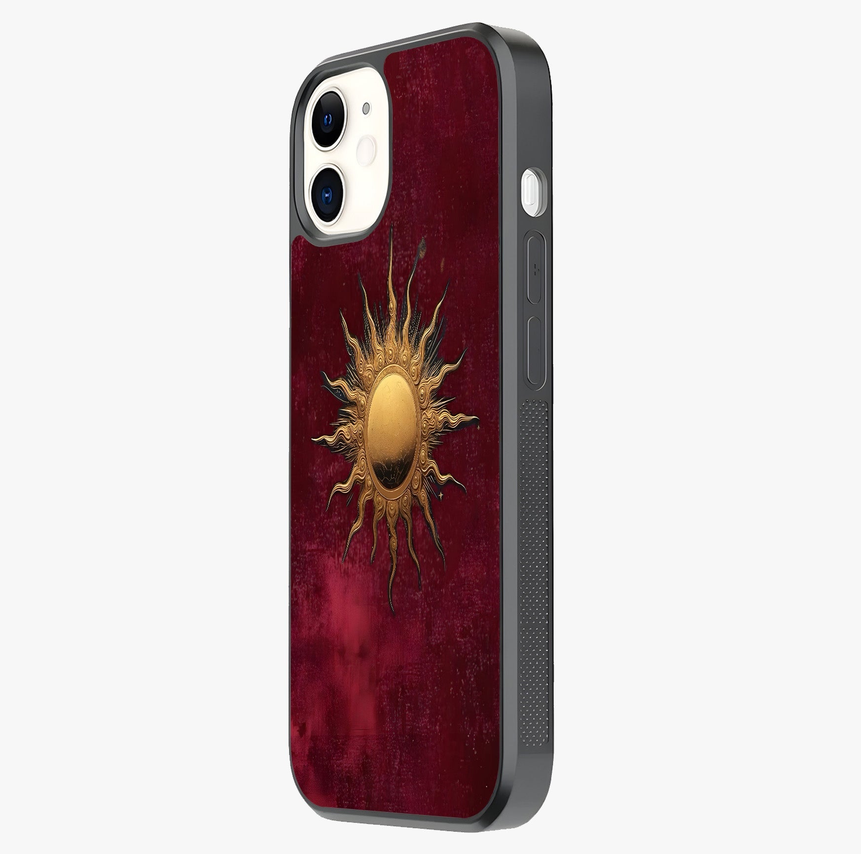Gold Sun Blush Glass Case photographed in natural light showing reflective finish and design depth.