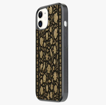 Golden Floral Majesty Glass Case photographed in natural light showing reflective finish and design depth.
