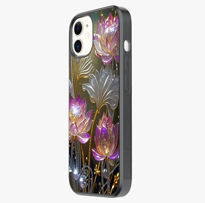 Golden Lotus Glow Glass Case photographed in natural light showing reflective finish and design depth.