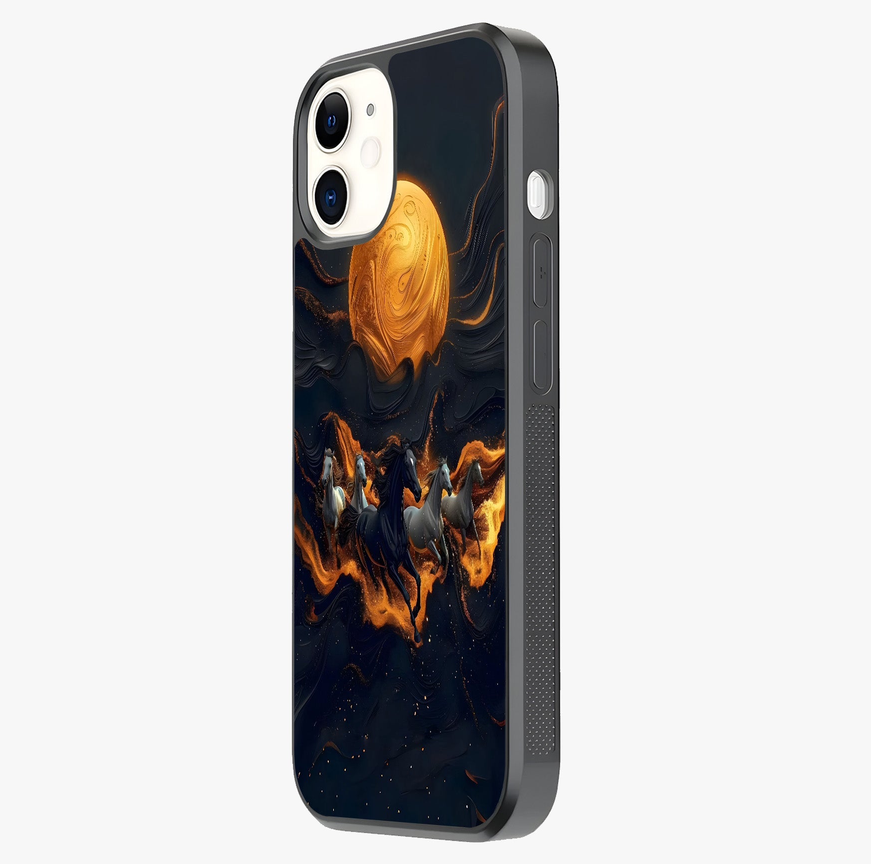 Golden Stallion Moonride Glass Case photographed in natural light showing reflective finish and design depth.