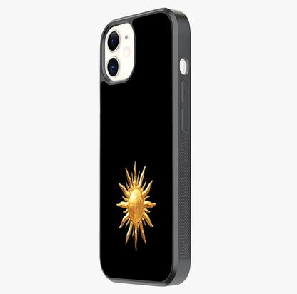 Golden Sun Minimalism Glass Case photographed in natural light showing reflective finish and design depth.