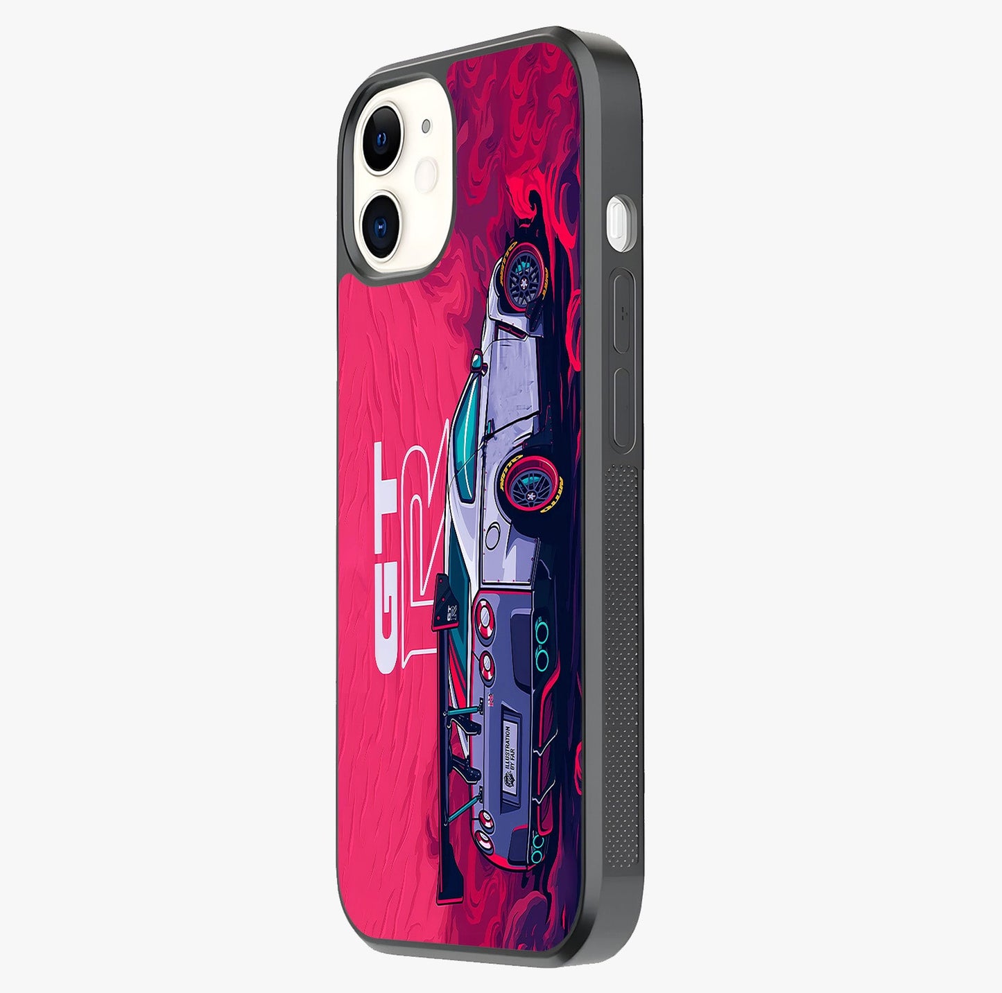 GT R Car Pattern Glass Case photographed in natural light showing reflective finish and design depth.
