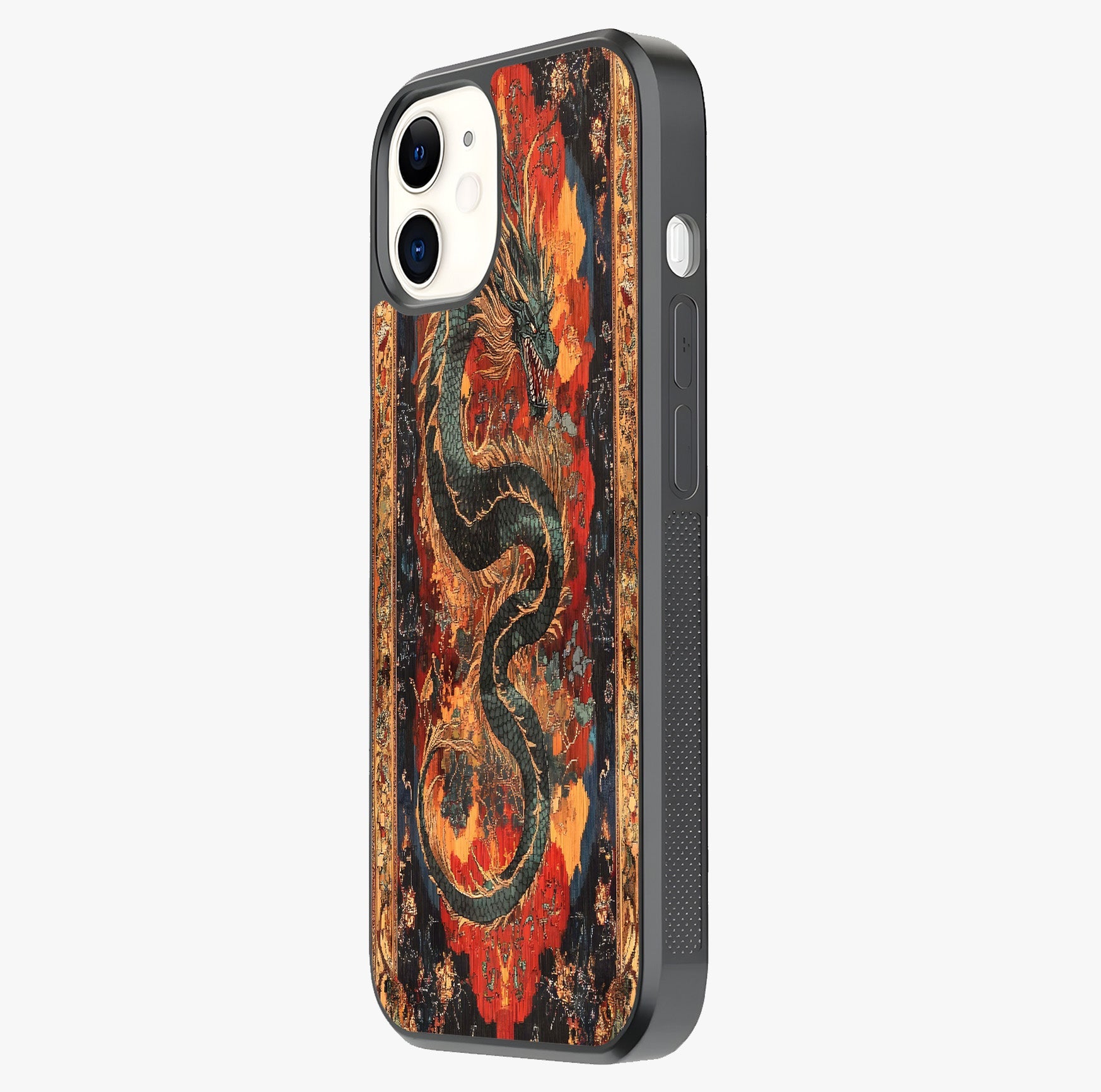 Inferno Dragon Soul Glass Case photographed in natural light showing reflective finish and design depth.