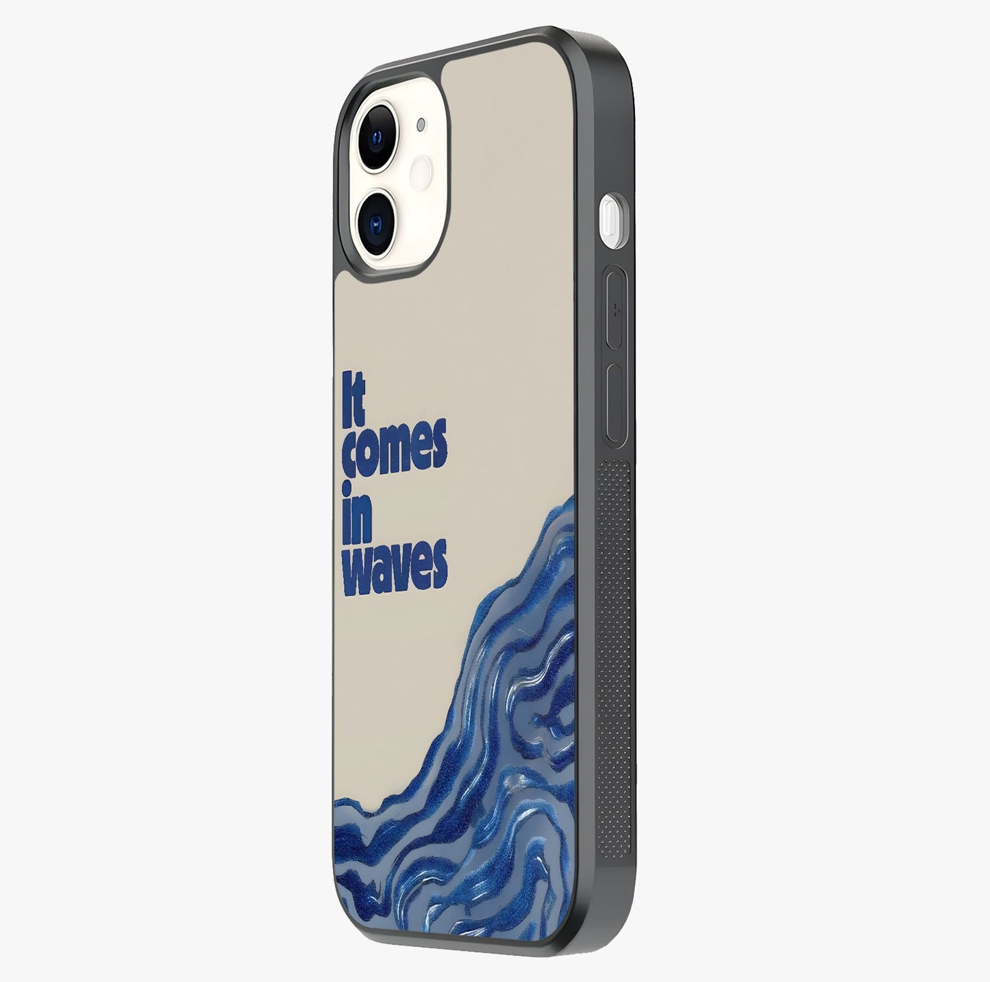 It Comes In Waves Quote Glass Case photographed in natural light showing reflective finish and design depth.