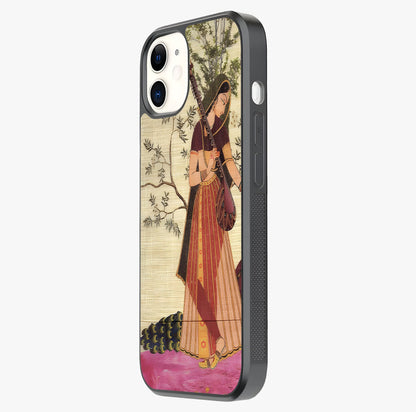 Lady With Veena Art Glass Case photographed in natural light showing reflective finish and design depth.