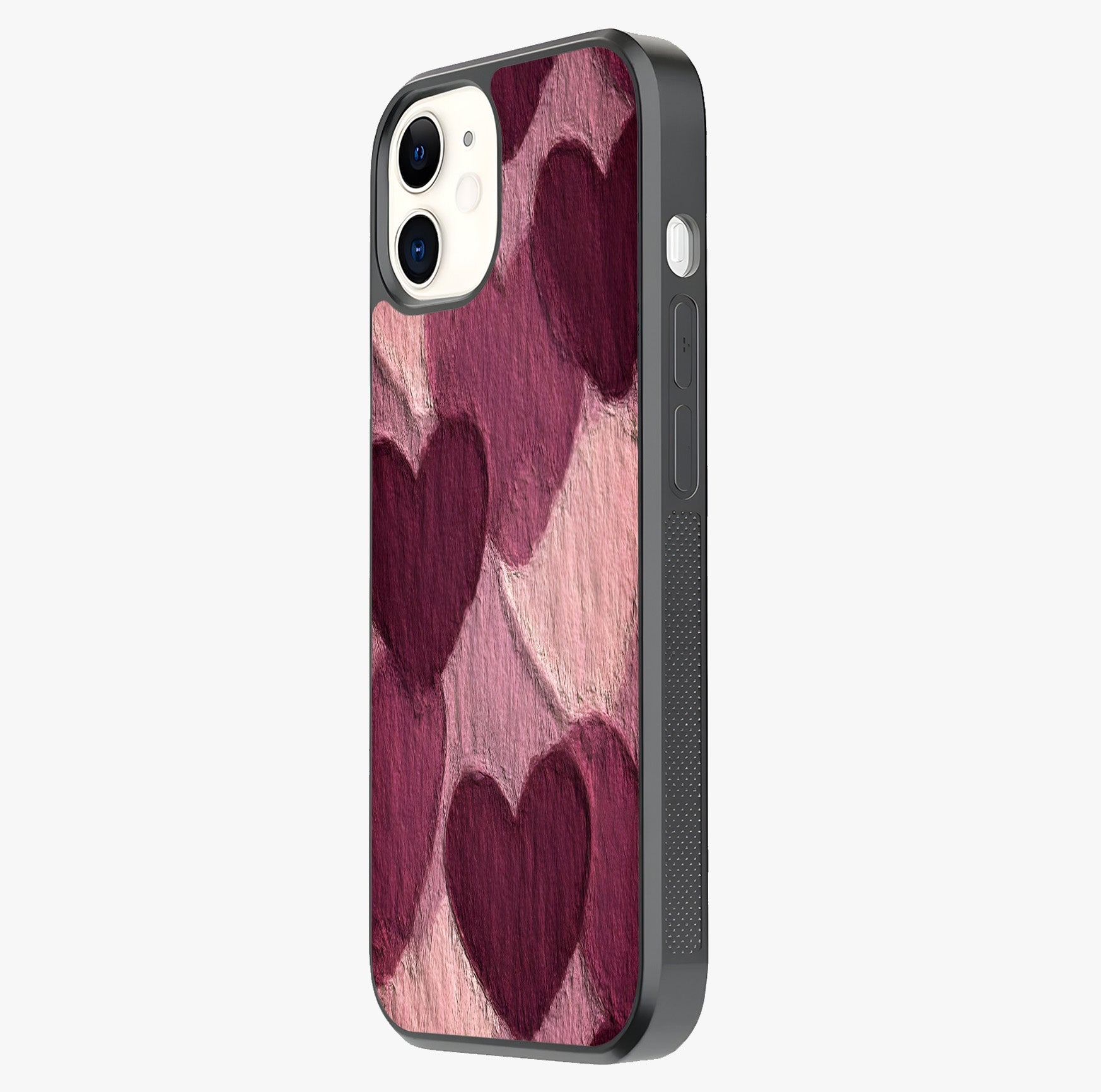 Layered Paper Hearts Glass Case photographed in natural light showing reflective finish and design depth.