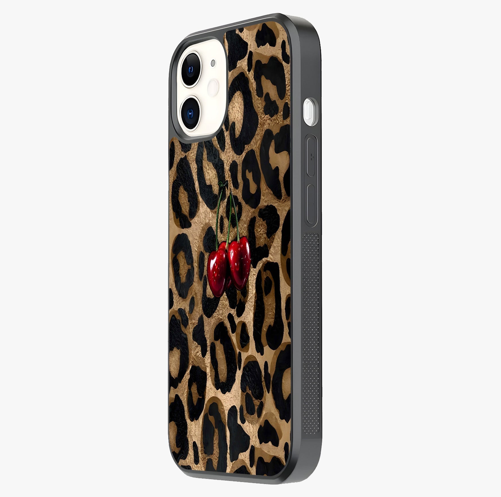 Leopard Wild Cherry Glass Case photographed in natural light showing reflective finish and design depth.