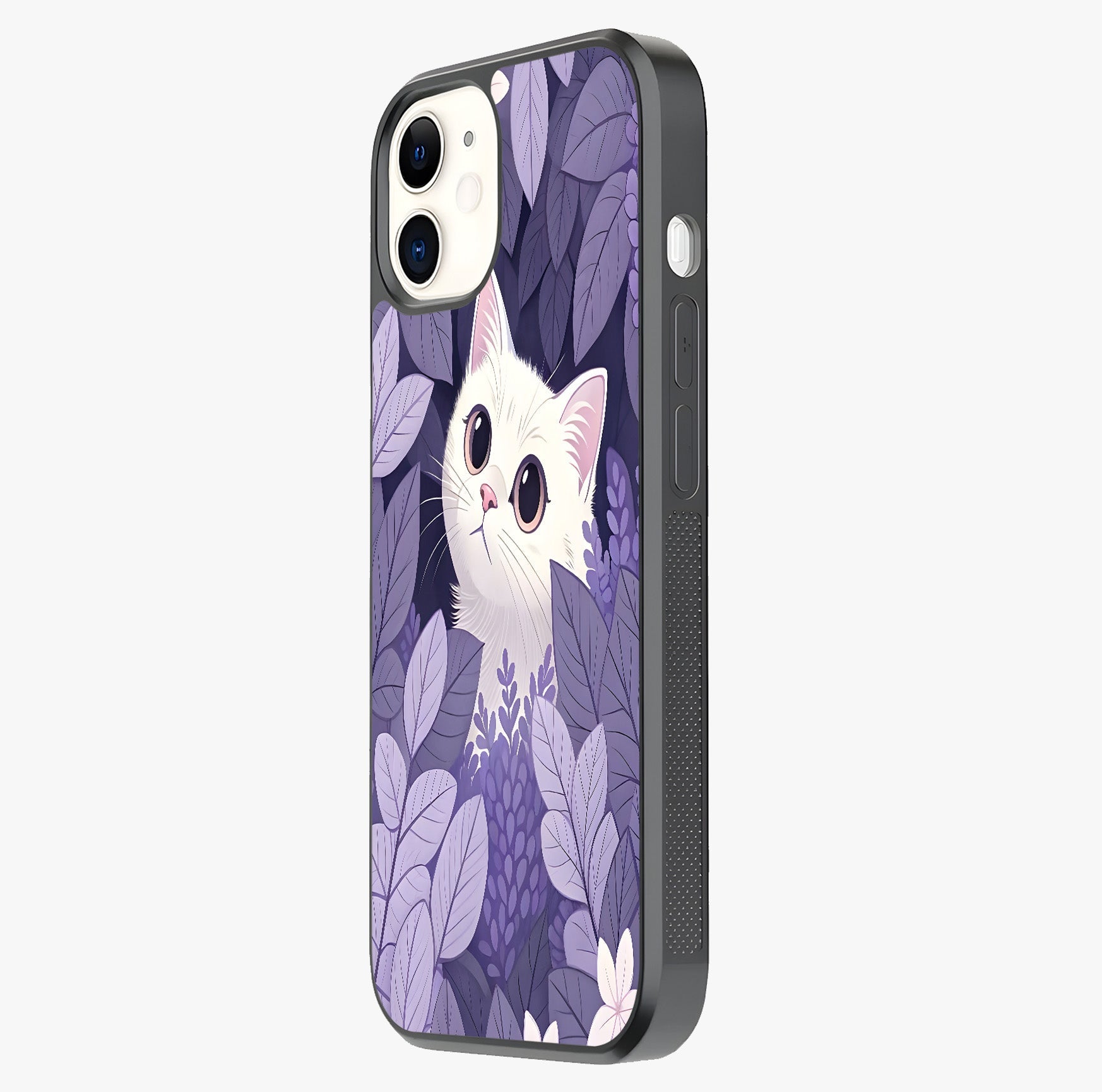 Lilac Hide Peek Cat Glass Case photographed in natural light showing reflective finish and design depth.