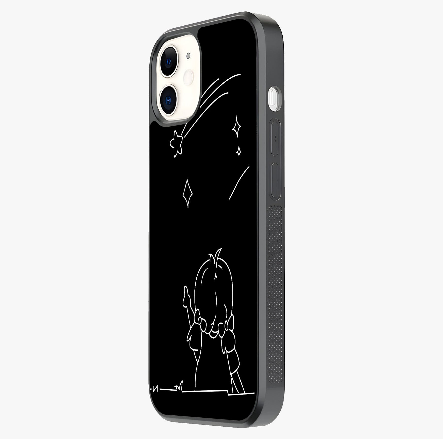 Line Art Girl With Shooting Stars Glass Case photographed in natural light showing reflective finish and design depth.