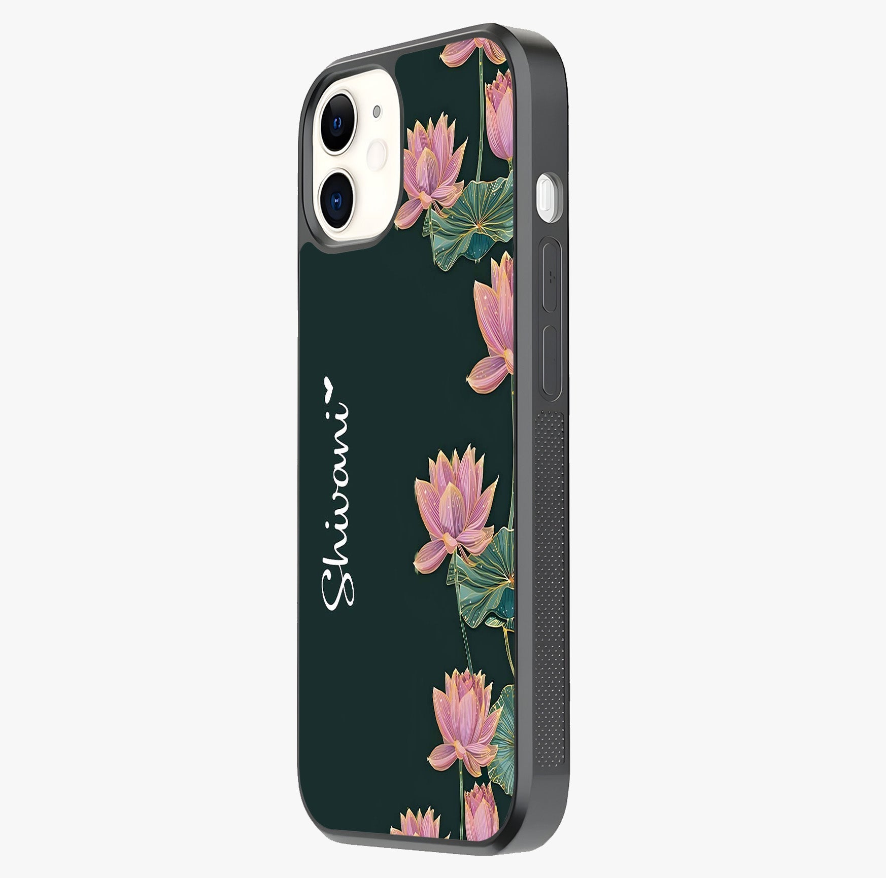 Lotus Bloom Serenity Custom Name Glass Case photographed in natural light showing reflective finish and design depth.