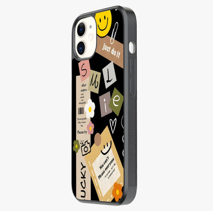 Lucky Aesthetic Collage Glass Case photographed in natural light showing reflective finish and design depth.