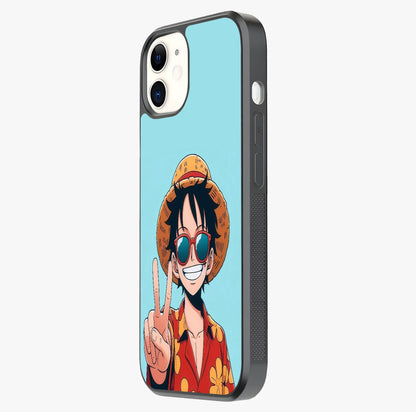 Luffy Summer Anime Vibe Glass Case photographed in natural light showing reflective finish and design depth.