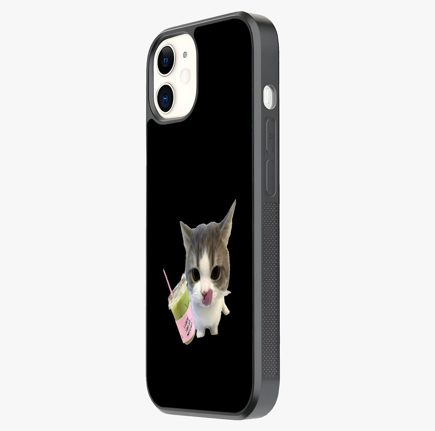 Matcha Cat Style Glass Case photographed in natural light showing reflective finish and design depth.