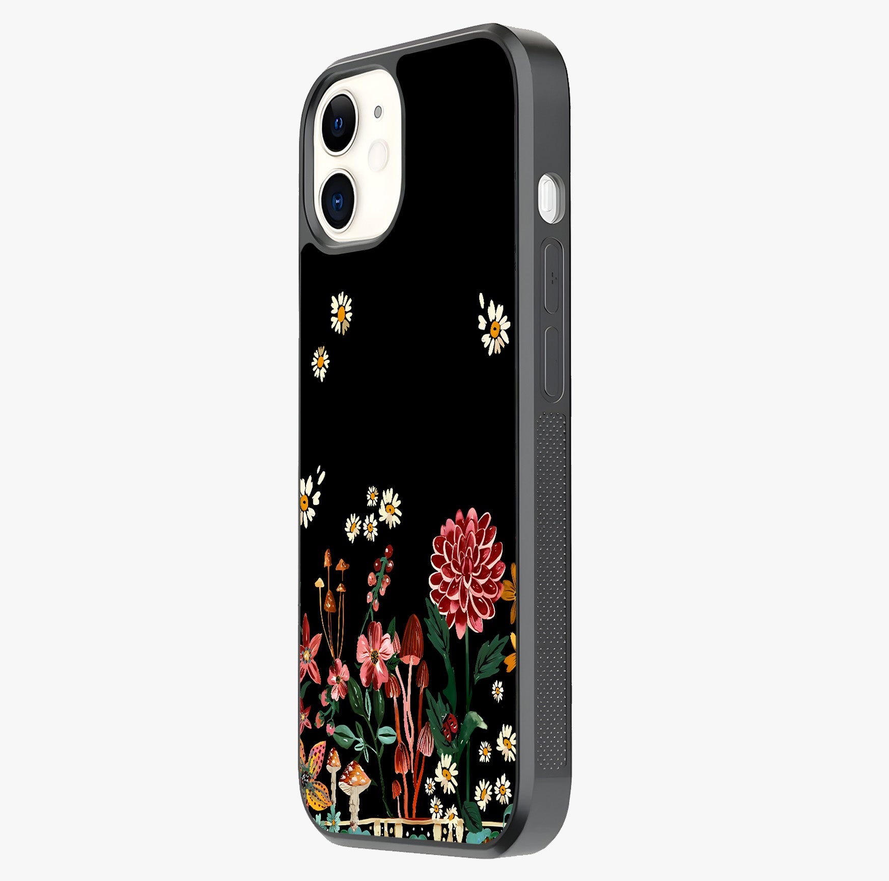 Midnight Bloom Pattern Glass Case photographed in natural light showing reflective finish and design depth.