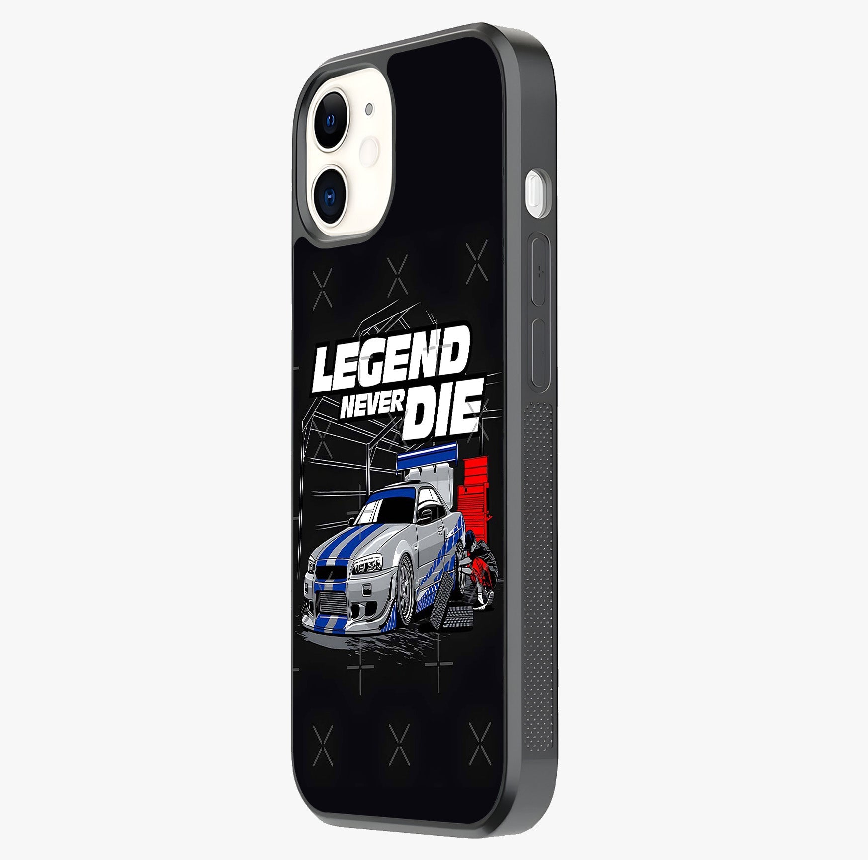 Midnight Racing Legacy Glass Case photographed in natural light showing reflective finish and design depth.