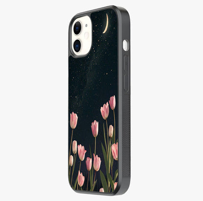 Midnight Tulip Whispers Vibe Glass Case photographed in natural light showing reflective finish and design depth.