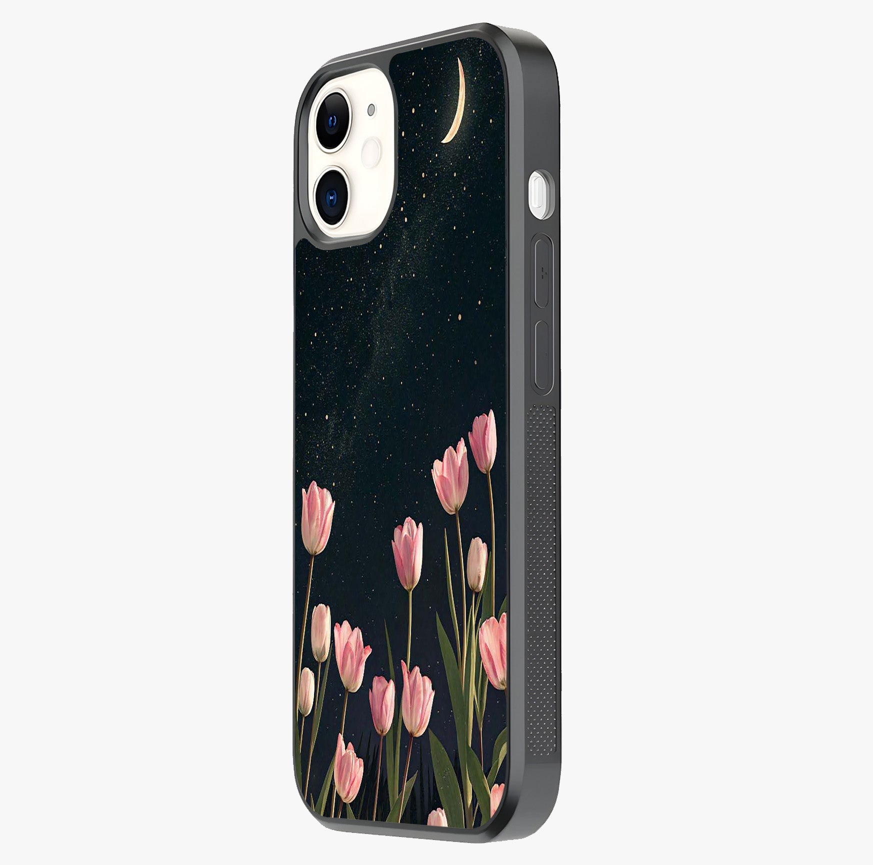 Midnight Tulip Whispers Vibe Glass Case photographed in natural light showing reflective finish and design depth.