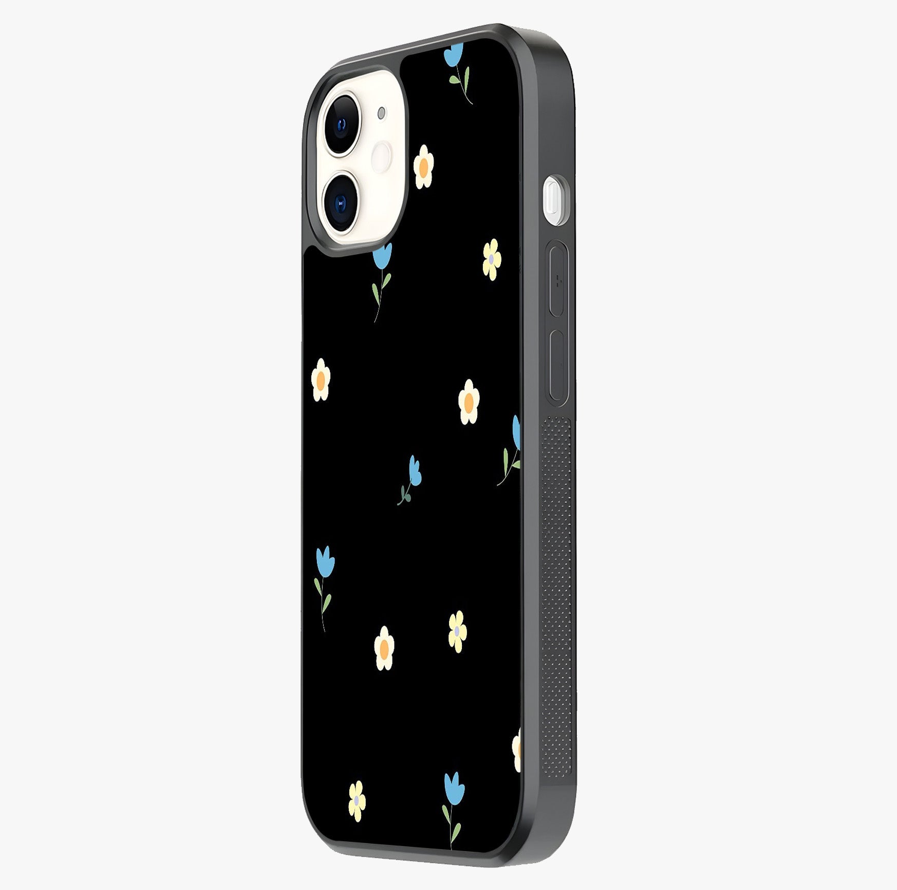 Minimalistic Blue With White Flower Pattern Glass Case photographed in natural light showing reflective finish and design depth.