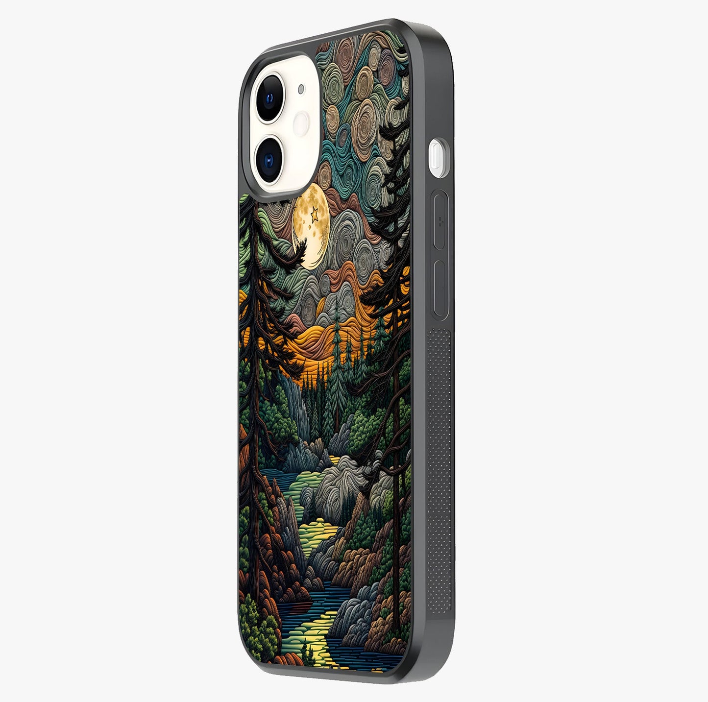 Moonlight Forest Dream Glass Case photographed in natural light showing reflective finish and design depth.