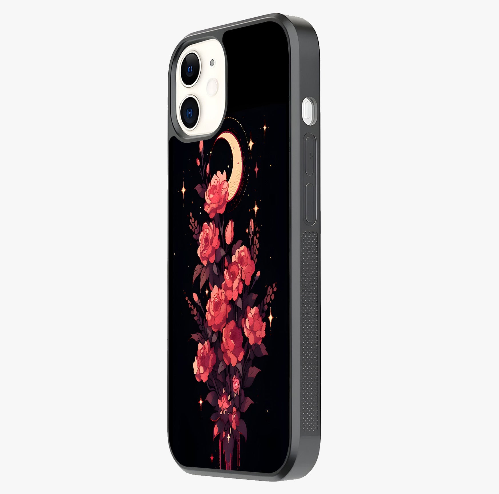 Moonlit Floral Elegance Glass Case photographed in natural light showing reflective finish and design depth.
