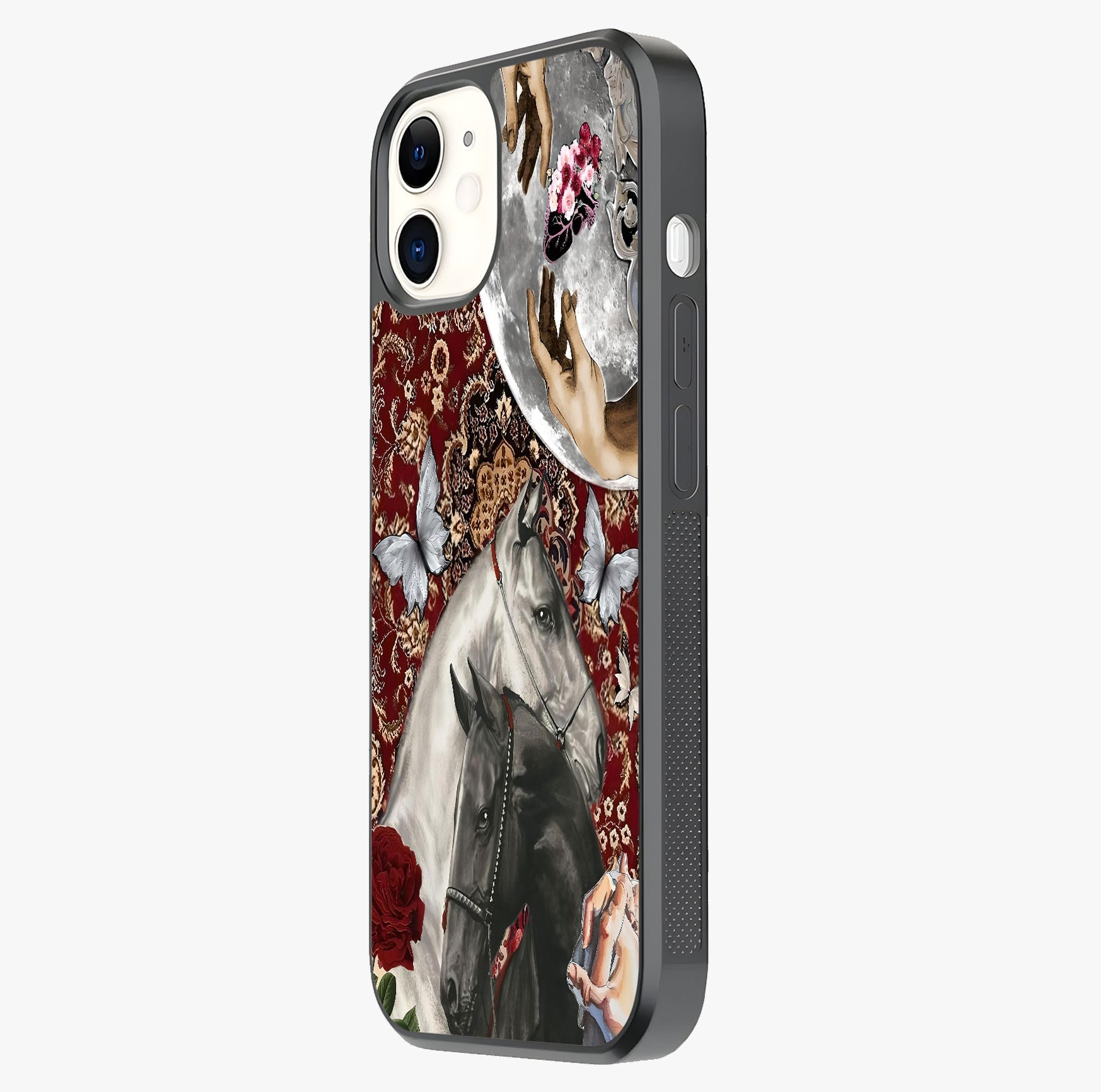 Moonlit Royal Stallion Glass Case photographed in natural light showing reflective finish and design depth.