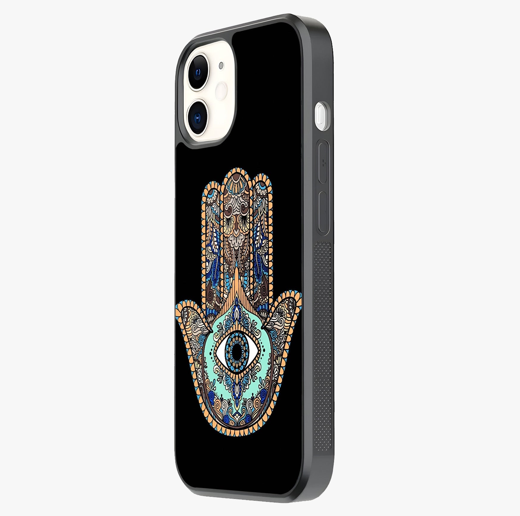 Mystic Hamsa Eye Glass Case photographed in natural light showing reflective finish and design depth.