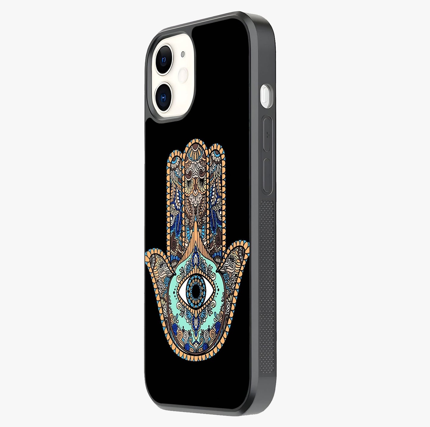 Mystic Hamsa Eye Glass Case photographed in natural light showing reflective finish and design depth.