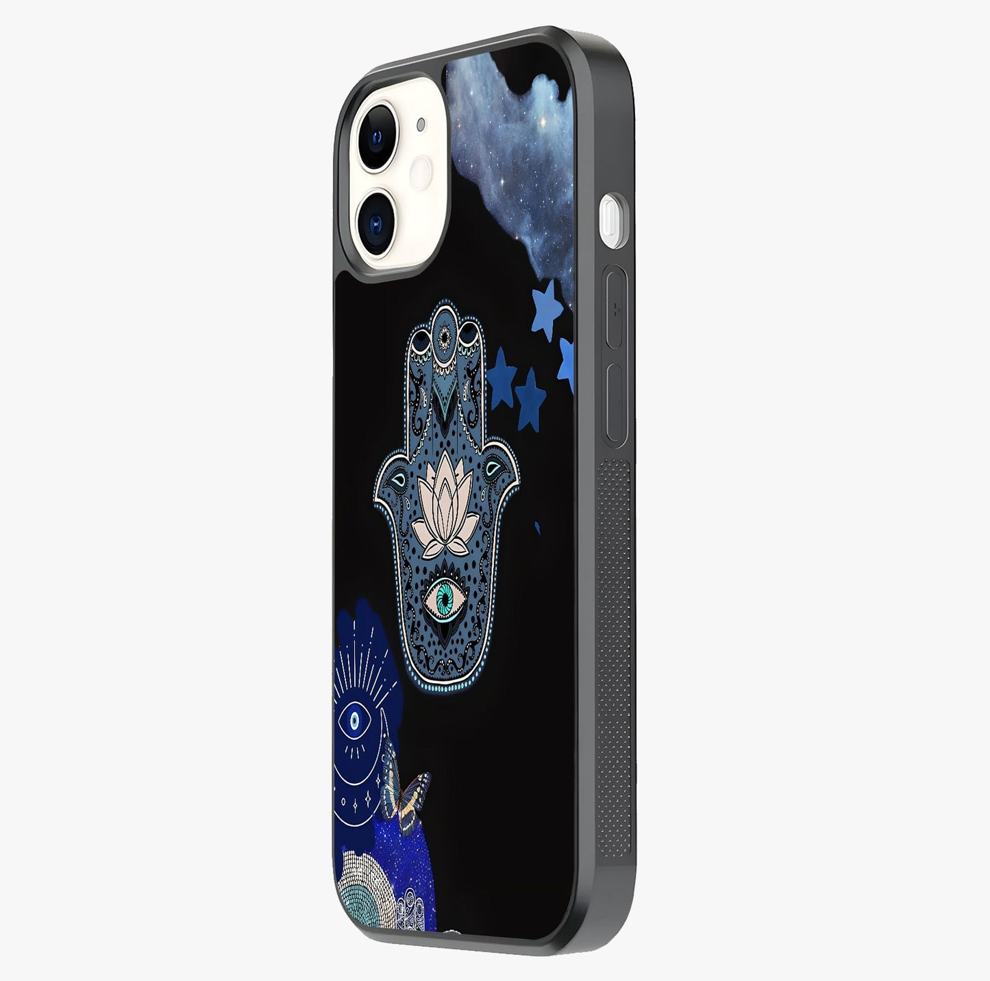 Mystic Hand Aura Glass Case photographed in natural light showing reflective finish and design depth.