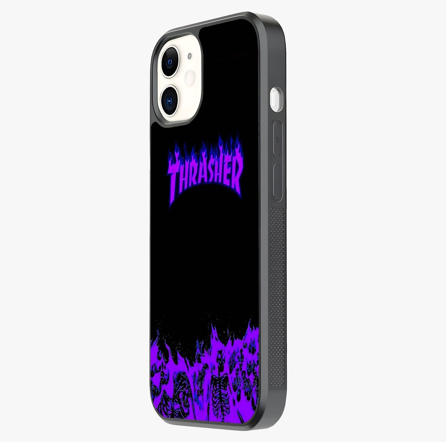 Neon Flame Riot Glass Case photographed in natural light showing reflective finish and design depth.