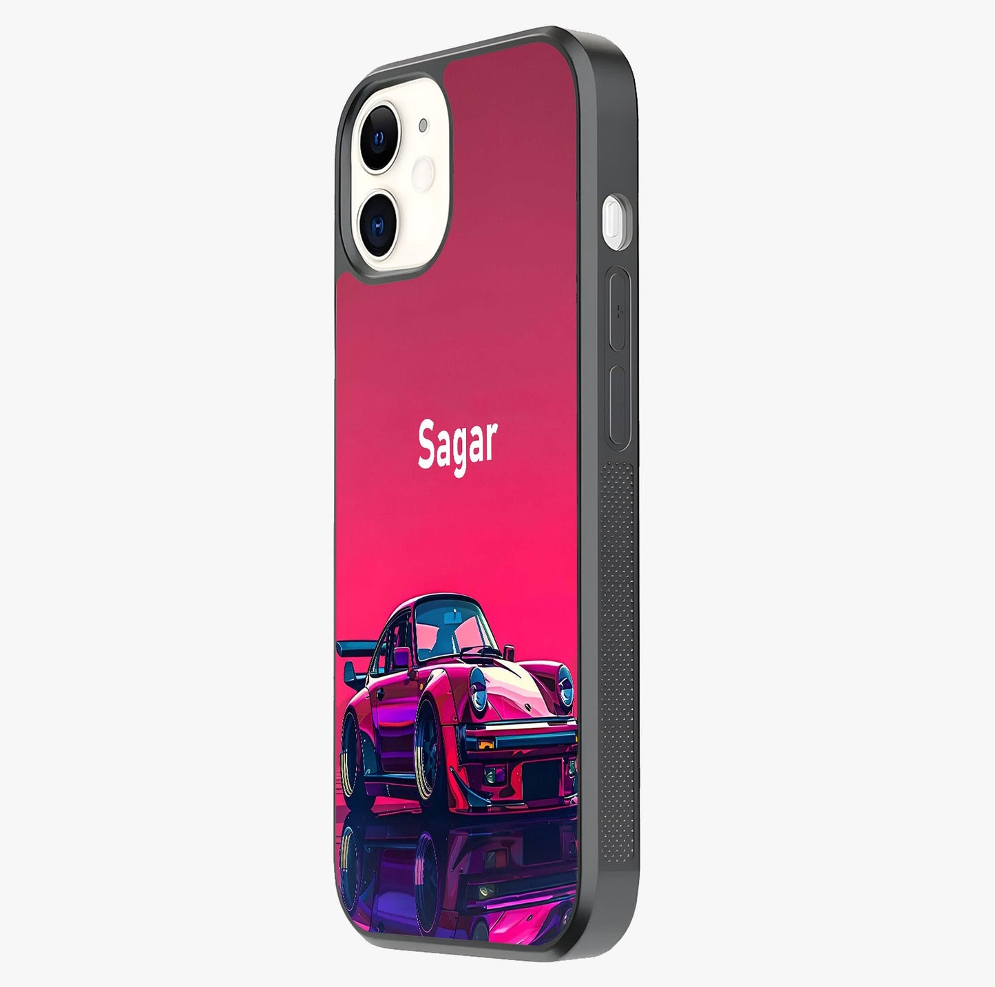 Neon Pink Porsche Glass Case photographed in natural light showing reflective finish and design depth.