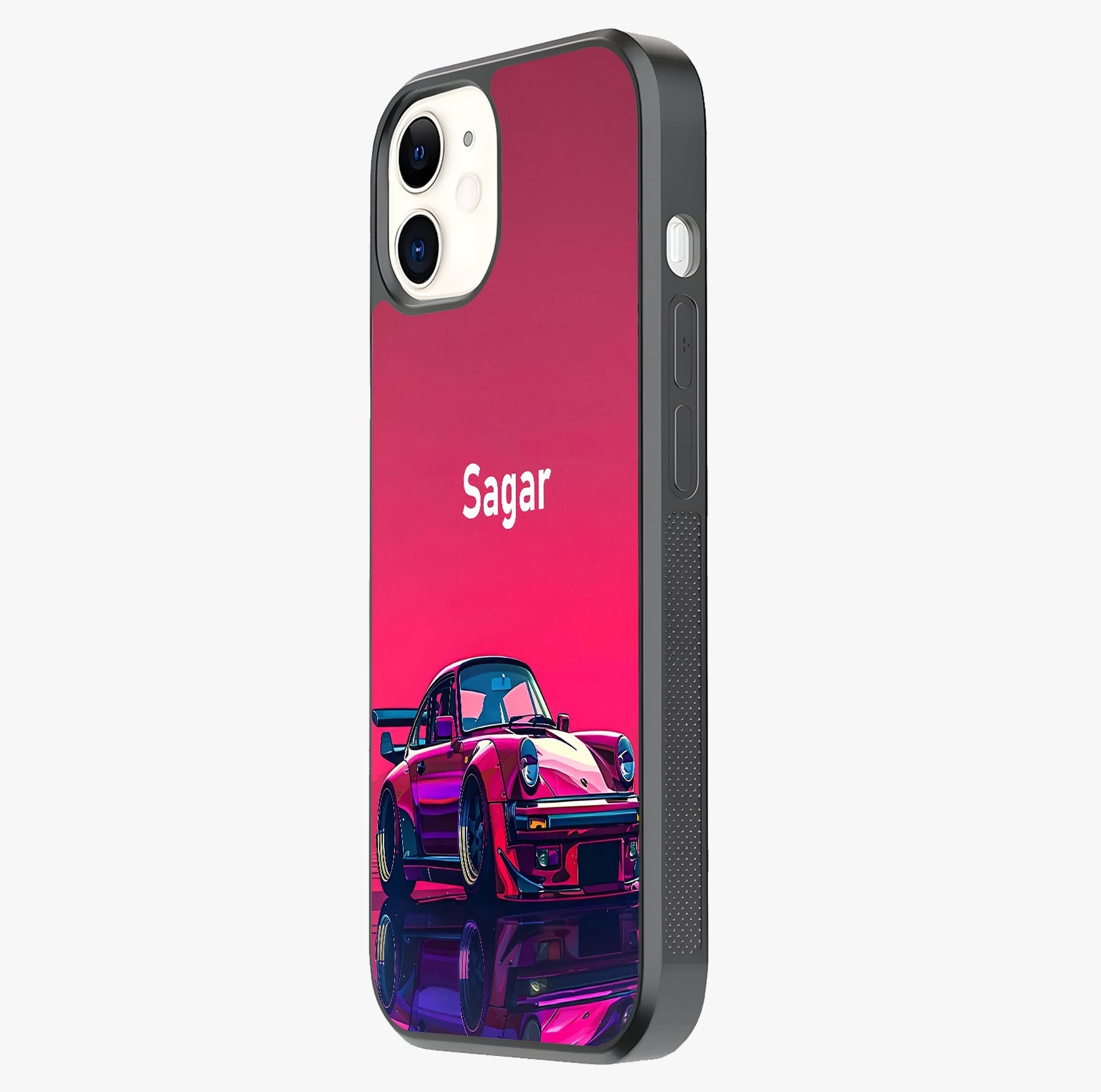 Neon Pink Porsche Glass Case photographed in natural light showing reflective finish and design depth.