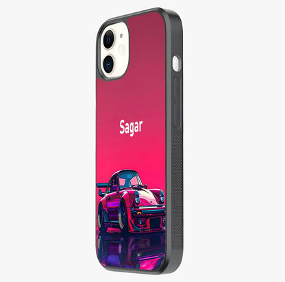 Neon Pink Porsche Glass Case photographed in natural light showing reflective finish and design depth.