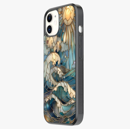 Oceanic Stained Printed Glass Case photographed in natural light showing reflective finish and design depth.