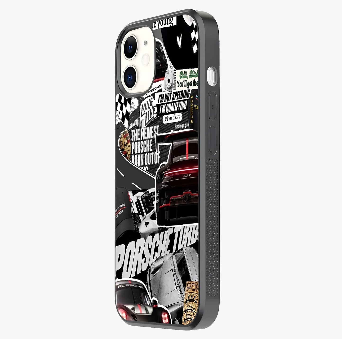 Porsche Racing Collage Glass Case photographed in natural light showing reflective finish and design depth.