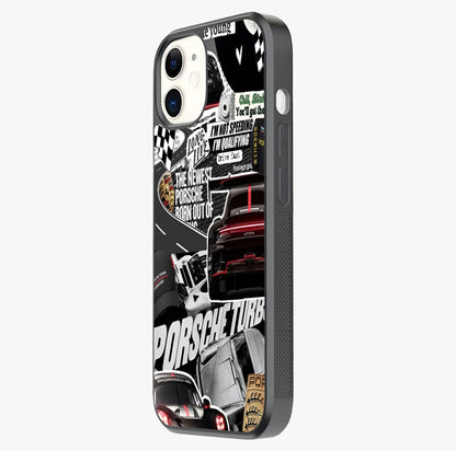Porsche Racing Collage Glass Case photographed in natural light showing reflective finish and design depth.