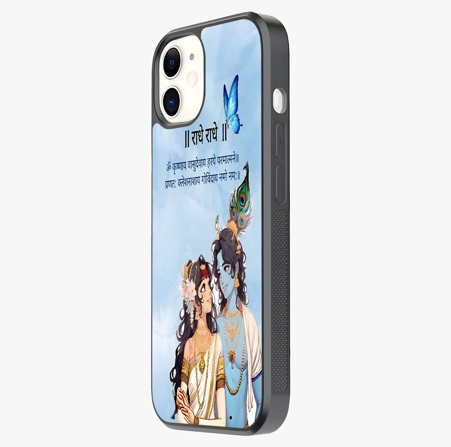 Radha Krishna Eternal Glass Case photographed in natural light showing reflective finish and design depth.