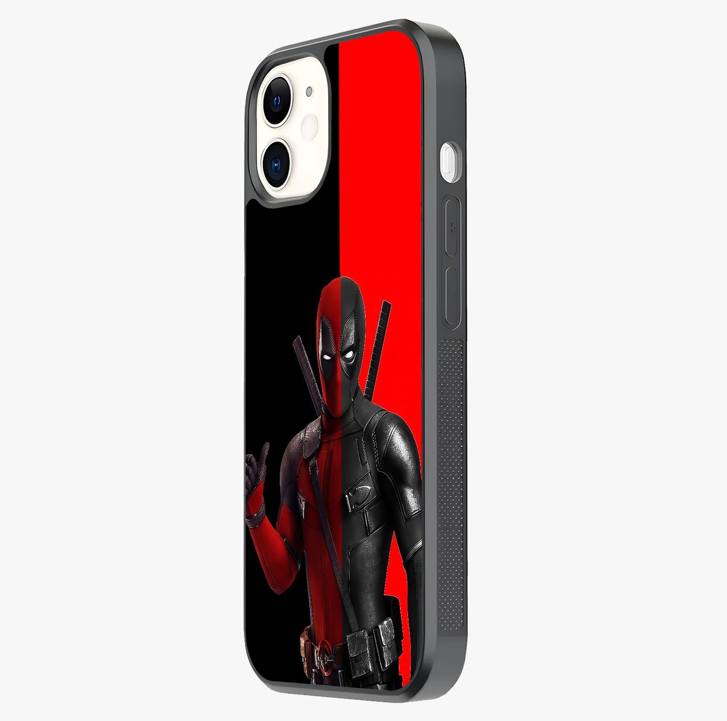 Red & Black Deadpool Theme Glass Case photographed in natural light showing reflective finish and design depth.