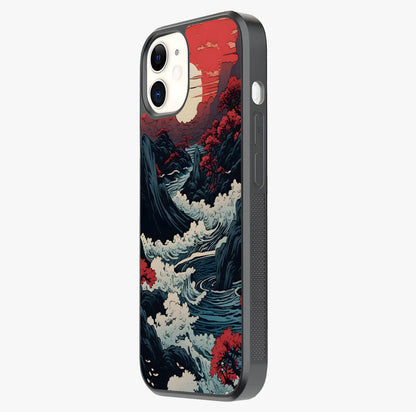 Red Sunset Scenery Glass Case photographed in natural light showing reflective finish and design depth.
