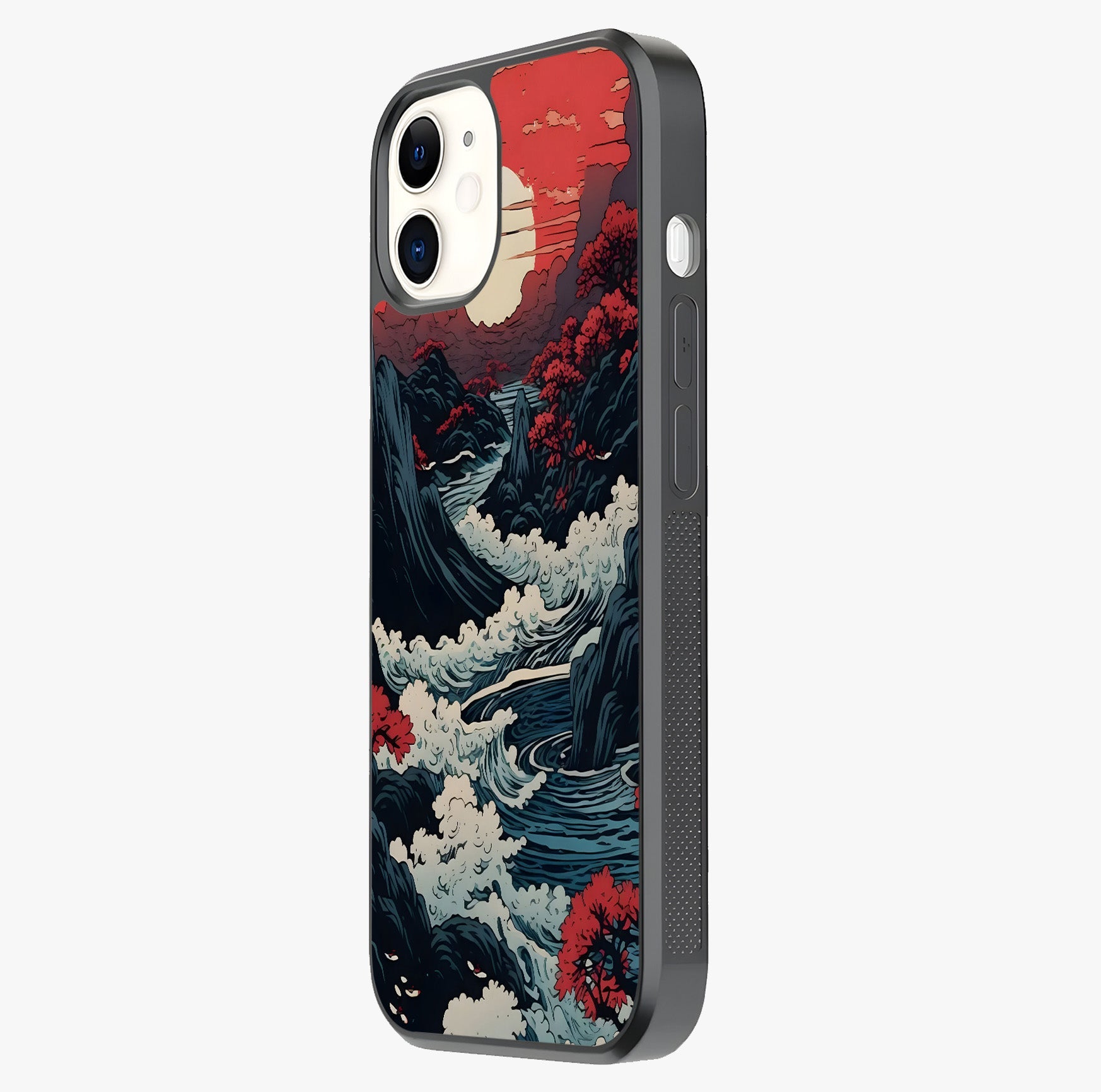 Red Sunset Scenery Glass Case photographed in natural light showing reflective finish and design depth.