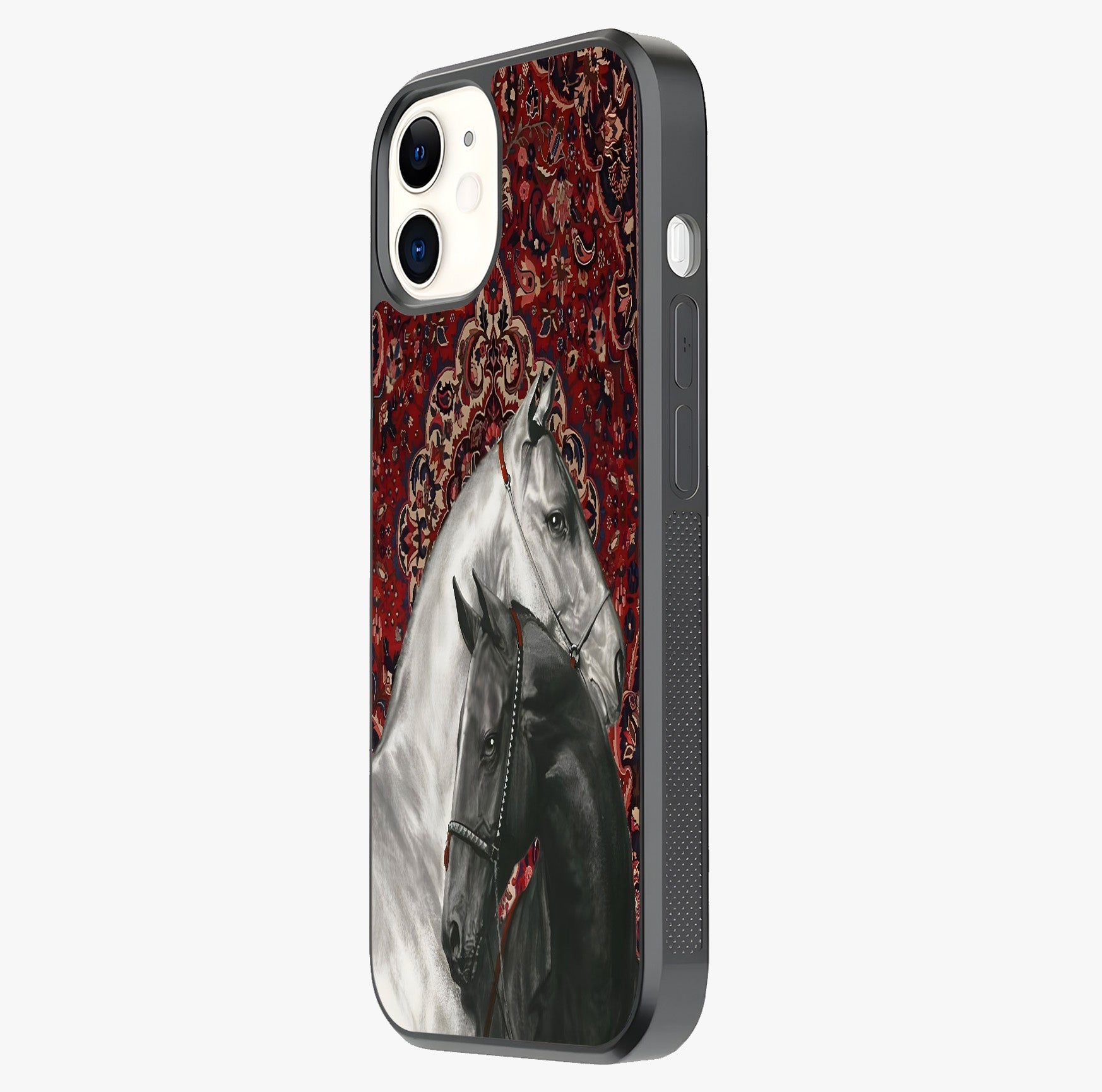 Regal Stallion Tapestry Glass Case photographed in natural light showing reflective finish and design depth.